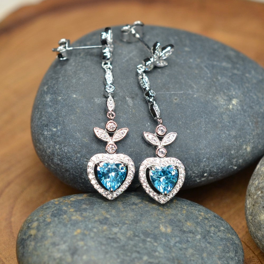 Heart Shaped 925 Sterling Silver Earrings Blue Cubic Zirconia Center Stone | Platinum Plated | by Mc9vn | Ship from US | Gift for Her |