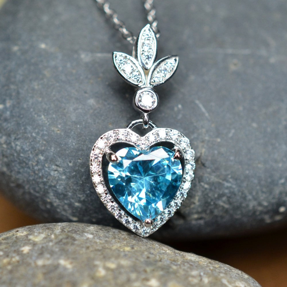 Heart Shaped 925 Sterling Silver Blue Cubic Zirconia Platinum Plated Pendant Adjustable Chain Necklace by Mc9vn | Gift for Her |