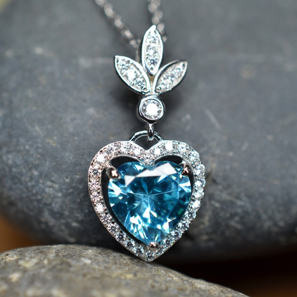 Heart Shaped 925 Sterling Silver Blue Cubic Zirconia Platinum Plated Pendant Adjustable Chain Necklace by Mc9vn | Gift for Her |