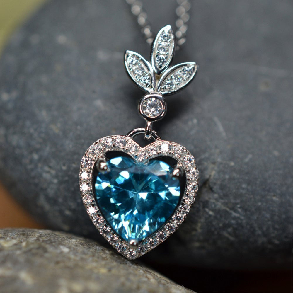 Heart Shaped 925 Sterling Silver Blue Cubic Zirconia Platinum Plated Pendant Adjustable Chain Necklace by Mc9vn | Gift for Her |