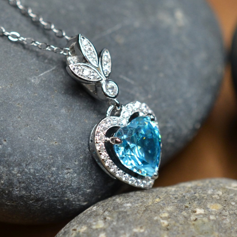 Heart Shaped 925 Sterling Silver Blue Cubic Zirconia Platinum Plated Pendant Adjustable Chain Necklace by Mc9vn | Gift for Her |