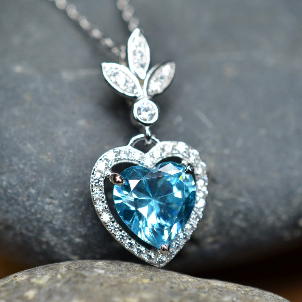 Heart Shaped 925 Sterling Silver Blue Cubic Zirconia Platinum Plated Pendant Adjustable Chain Necklace by Mc9vn | Gift for Her |