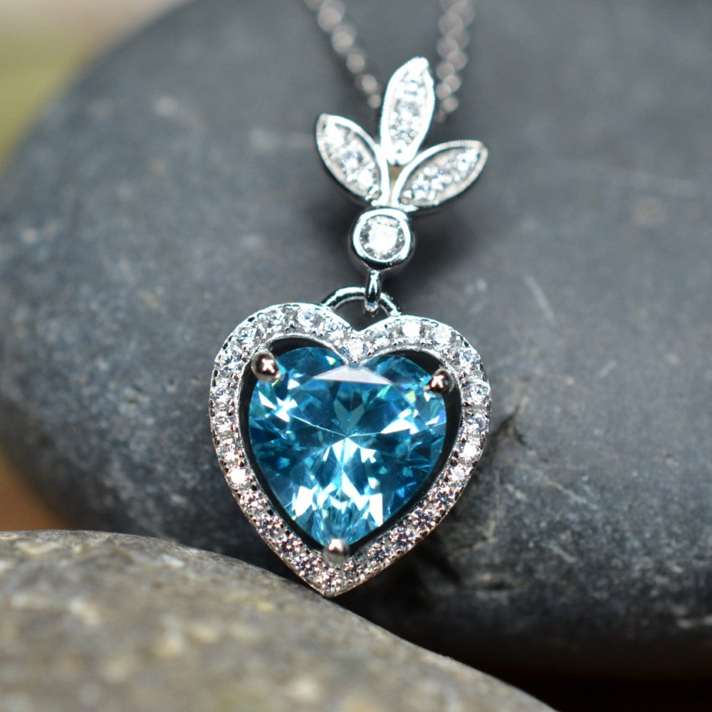 Heart Shaped 925 Sterling Silver Blue Cubic Zirconia Platinum Plated Pendant Adjustable Chain Necklace by Mc9vn | Gift for Her |