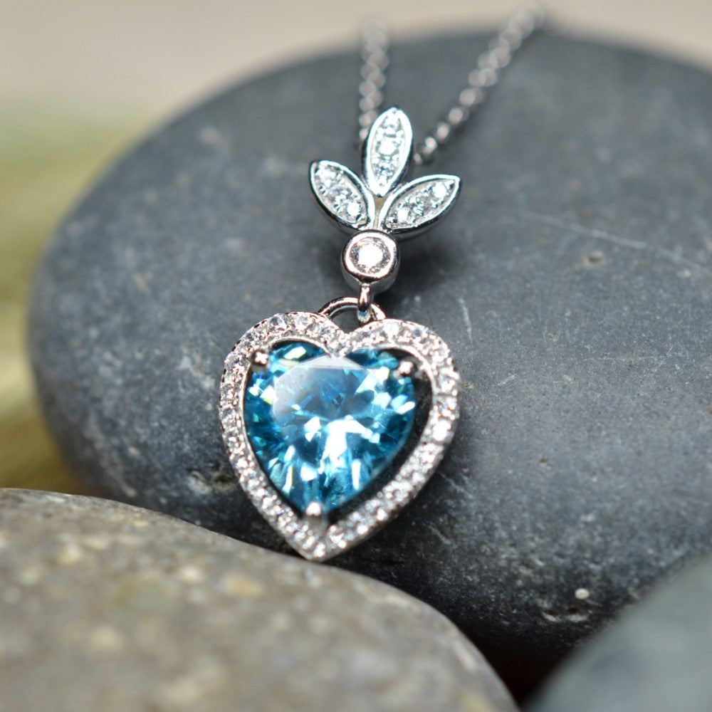 Heart Shaped 925 Sterling Silver Blue Cubic Zirconia Platinum Plated Pendant Adjustable Chain Necklace by Mc9vn | Gift for Her |