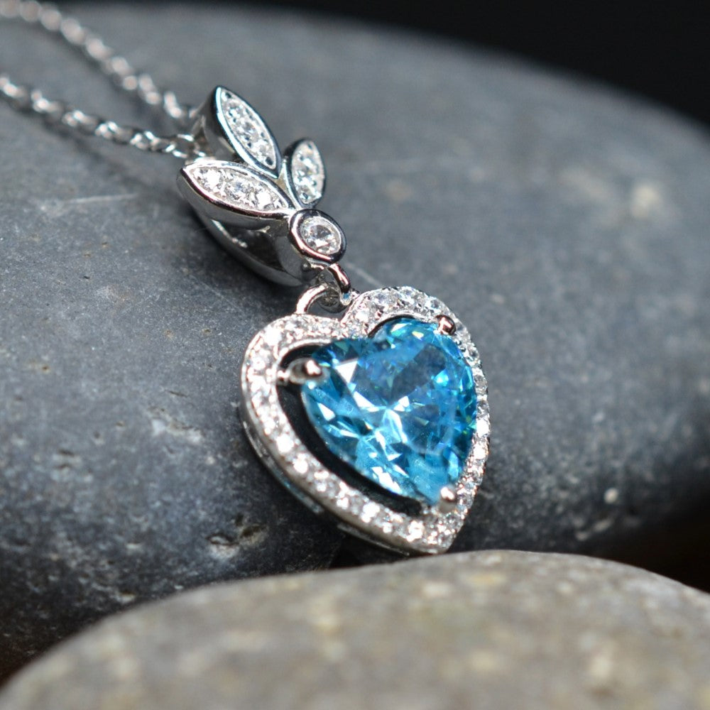 Heart Shaped 925 Sterling Silver Blue Cubic Zirconia Platinum Plated Pendant Adjustable Chain Necklace by Mc9vn | Gift for Her |