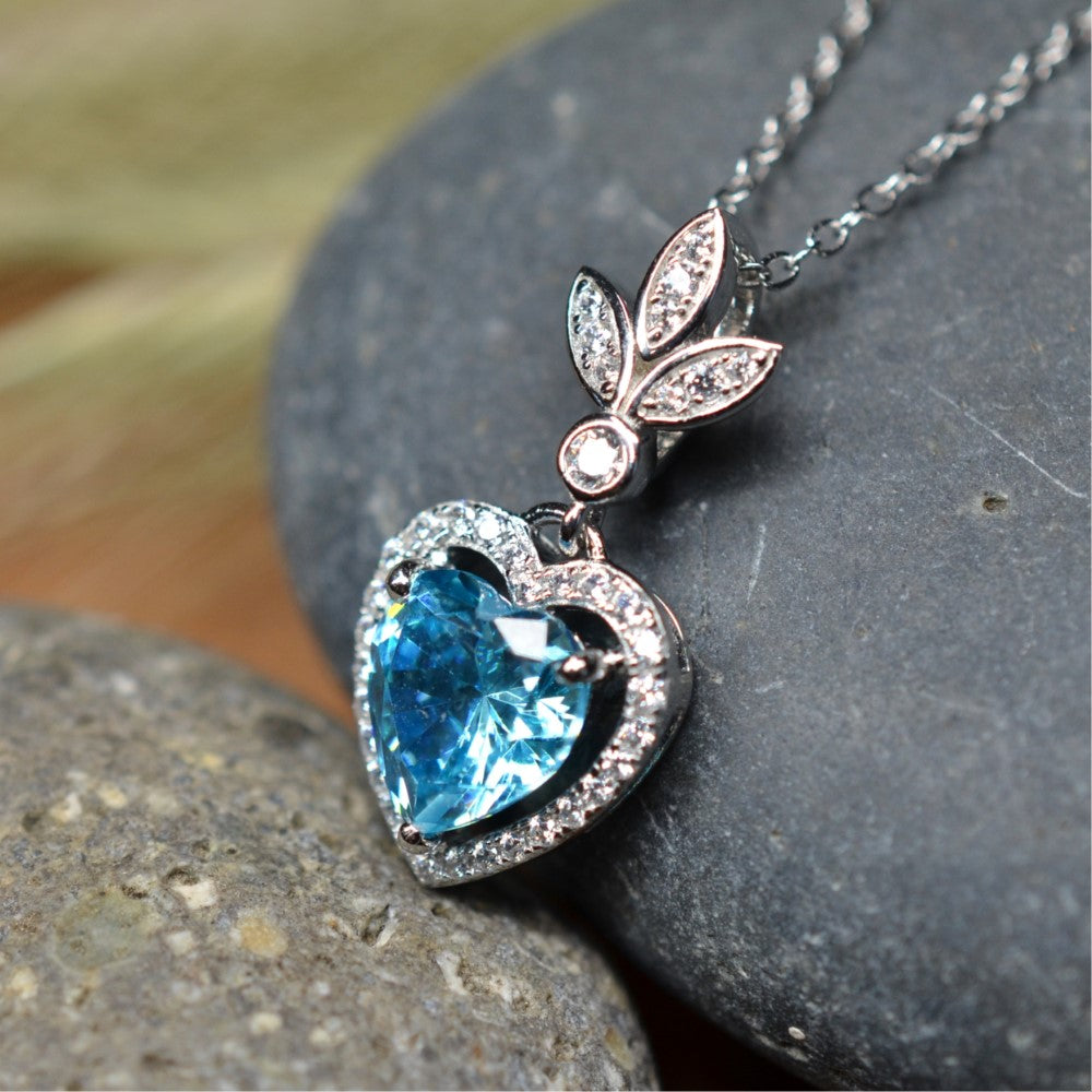 Heart Shaped 925 Sterling Silver Blue Cubic Zirconia Platinum Plated Pendant Adjustable Chain Necklace by Mc9vn | Gift for Her |