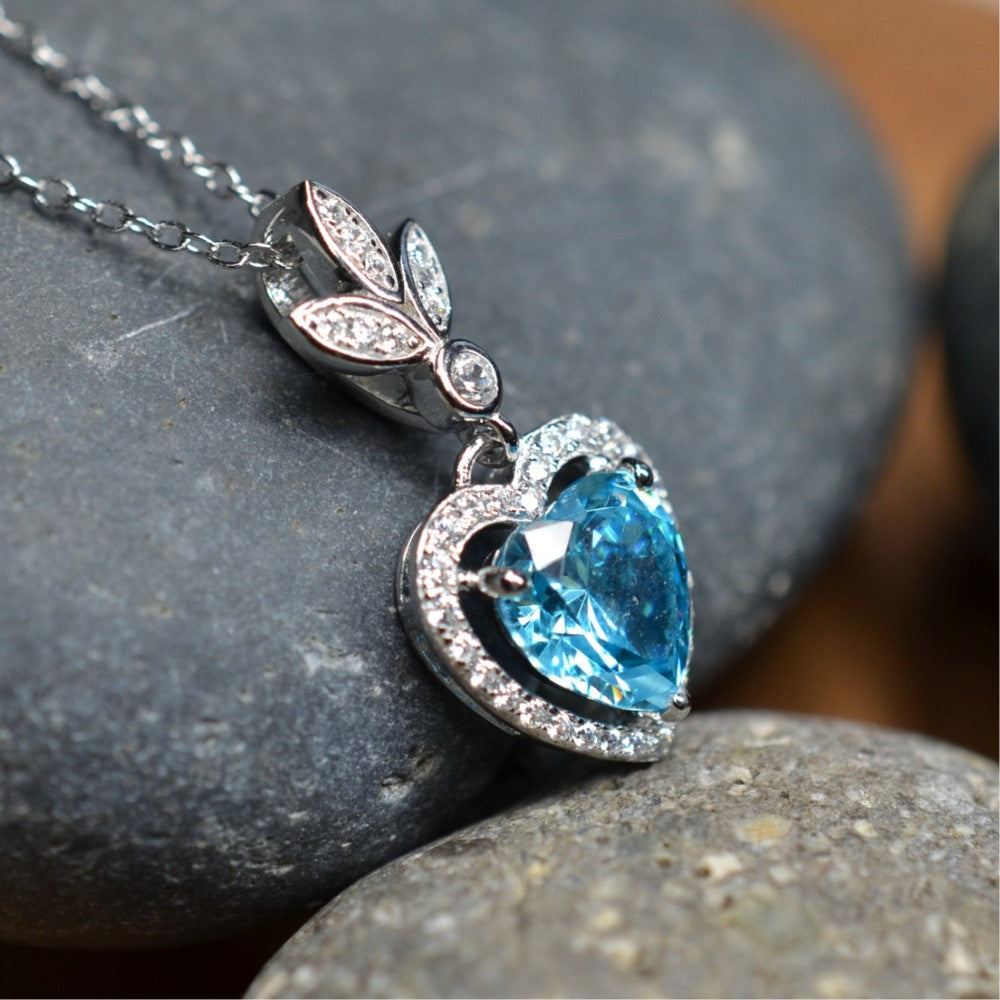 Heart Shaped 925 Sterling Silver Blue Cubic Zirconia Platinum Plated Pendant Adjustable Chain Necklace by Mc9vn | Gift for Her |