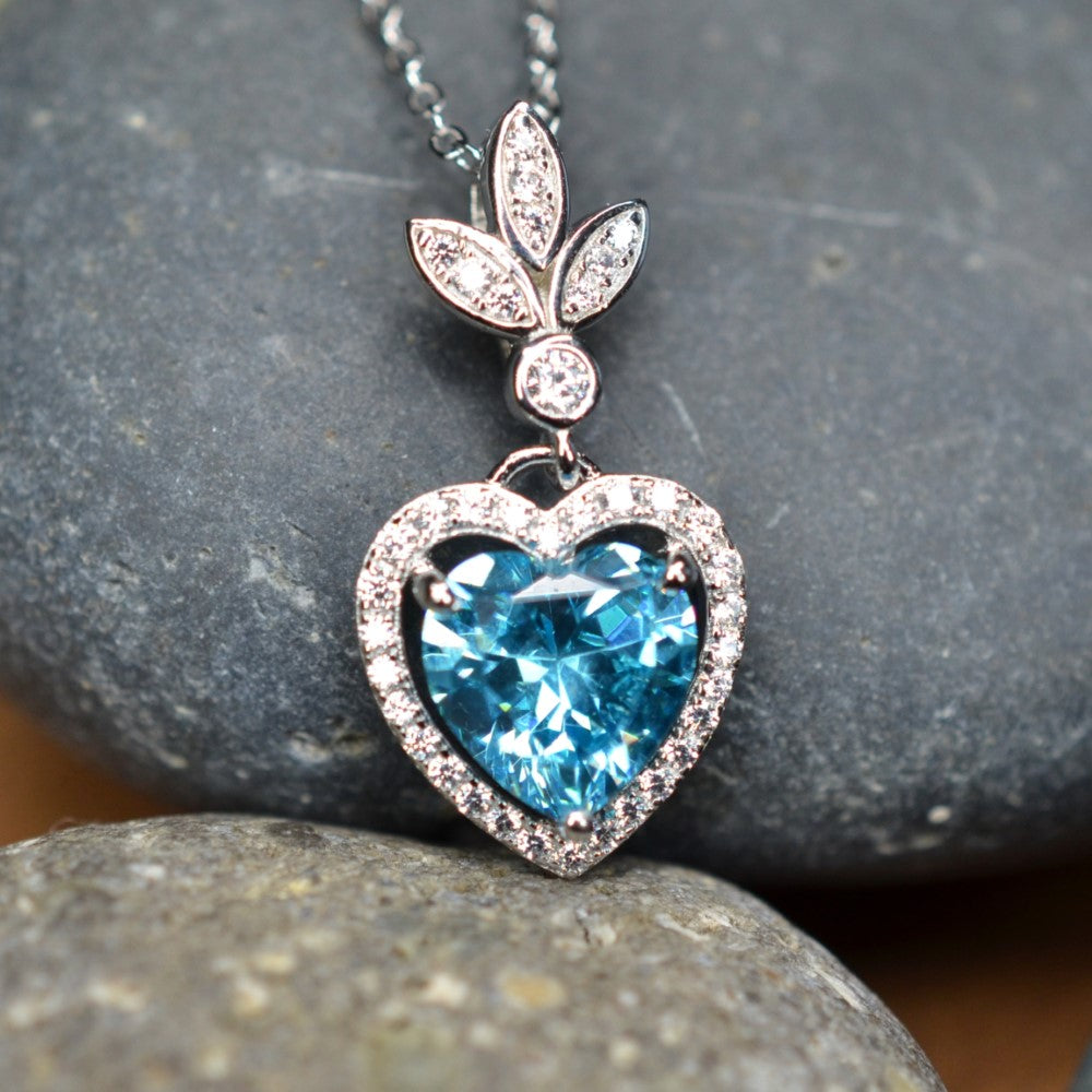 Heart Shaped 925 Sterling Silver Blue Cubic Zirconia Platinum Plated Pendant Adjustable Chain Necklace by Mc9vn | Gift for Her |