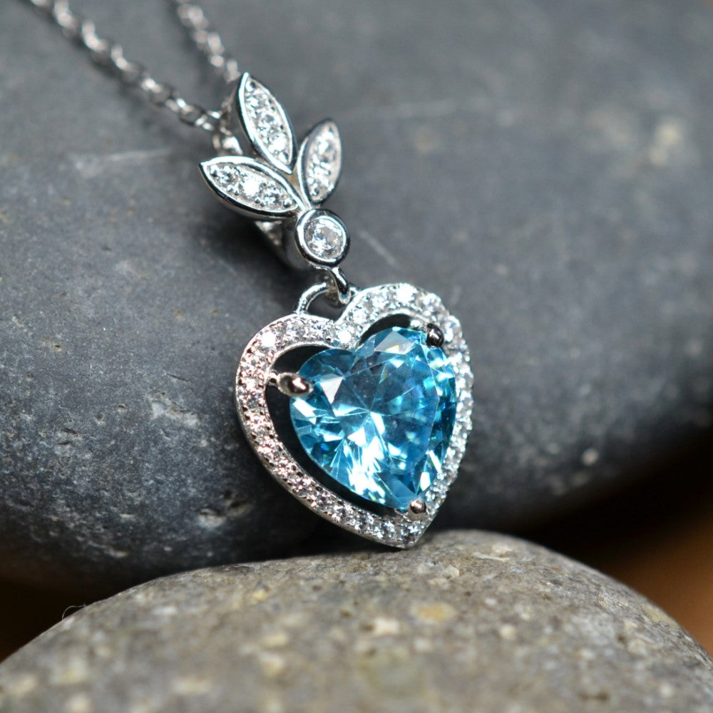 Heart Shaped 925 Sterling Silver Blue Cubic Zirconia Platinum Plated Pendant Adjustable Chain Necklace by Mc9vn | Gift for Her |