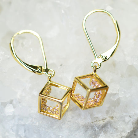 14K Yellow Gold Plated 925 Sterling Silver Open Cube Earrings with Pink Cubic Zirconia by Mc9vn | Gift for Her | Ship from US |