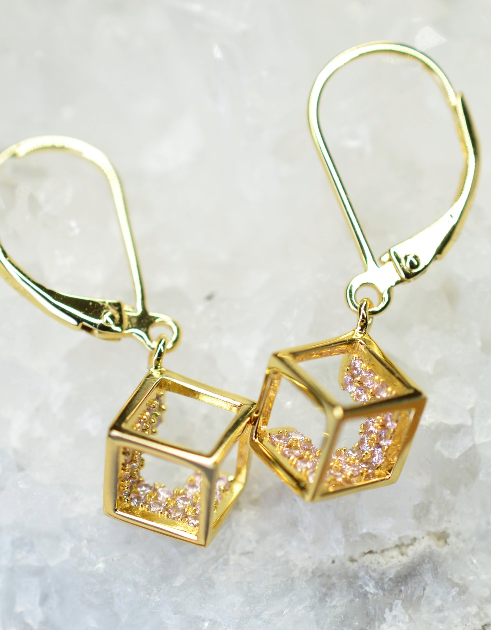 14K Yellow Gold Plated 925 Sterling Silver Open Cube Earrings with Pink Cubic Zirconia by Mc9vn | Gift for Her | Ship from US |