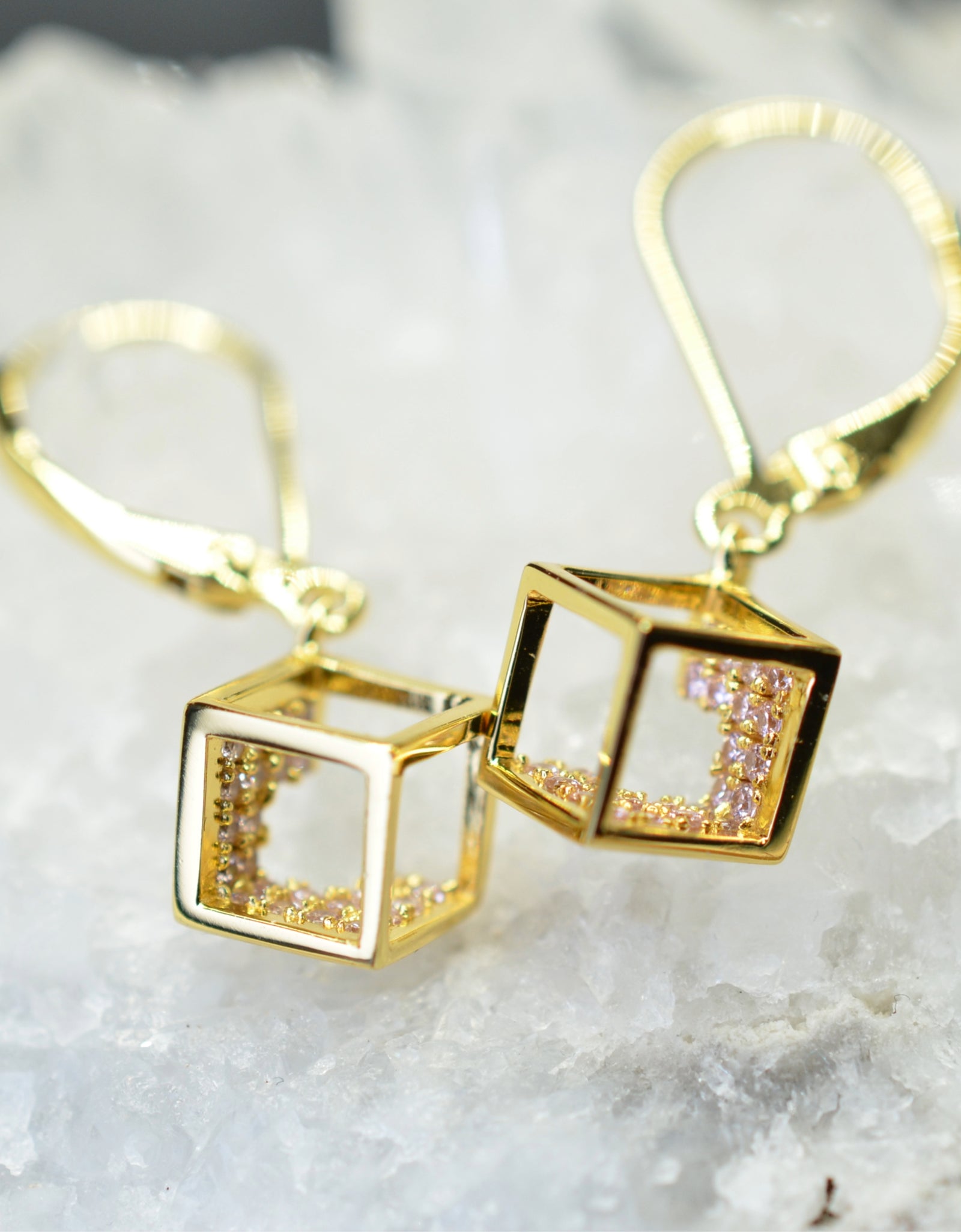 14K Yellow Gold Plated 925 Sterling Silver Open Cube Earrings with Pink Cubic Zirconia by Mc9vn | Gift for Her | Ship from US |