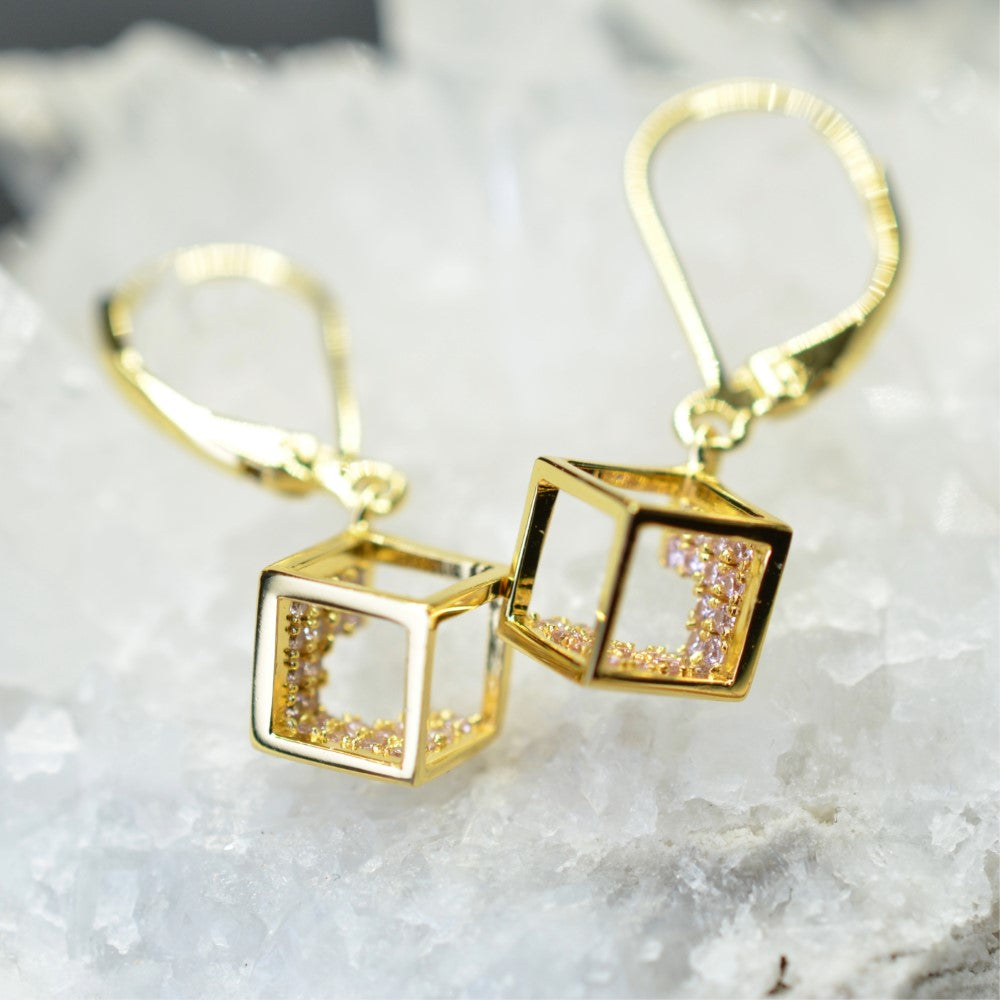 14K Yellow Gold Plated 925 Sterling Silver Open Cube Earrings with Pink Cubic Zirconia by Mc9vn | Gift for Her | Ship from US |