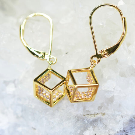 14K Yellow Gold Plated 925 Sterling Silver Open Cube Earrings with Pink Cubic Zirconia by Mc9vn | Gift for Her | Ship from US |