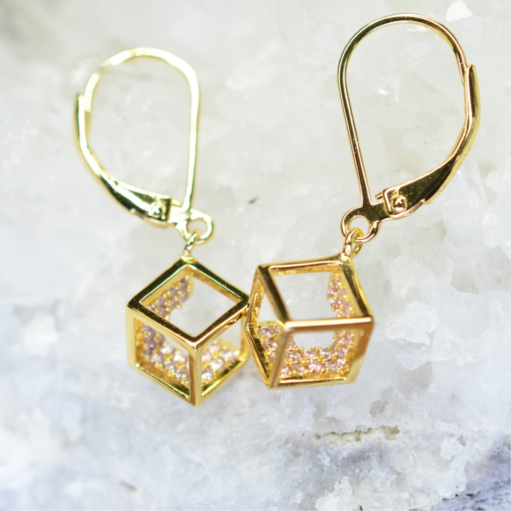 14K Yellow Gold Plated 925 Sterling Silver Open Cube Earrings with Pink Cubic Zirconia by Mc9vn | Gift for Her | Ship from US |