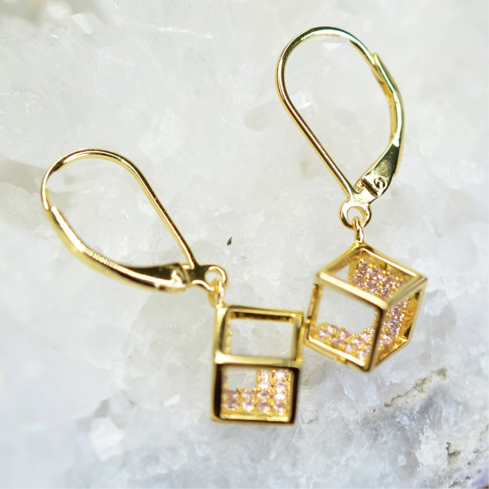 14K Yellow Gold Plated 925 Sterling Silver Open Cube Earrings with Pink Cubic Zirconia by Mc9vn | Gift for Her | Ship from US |