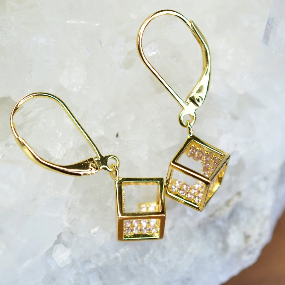 14K Yellow Gold Plated 925 Sterling Silver Open Cube Earrings with Pink Cubic Zirconia by Mc9vn | Gift for Her | Ship from US |