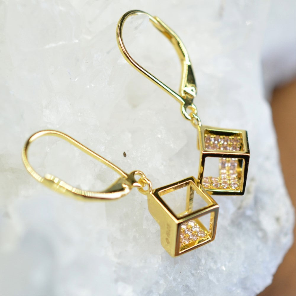 14K Yellow Gold Plated 925 Sterling Silver Open Cube Earrings with Pink Cubic Zirconia by Mc9vn | Gift for Her | Ship from US |