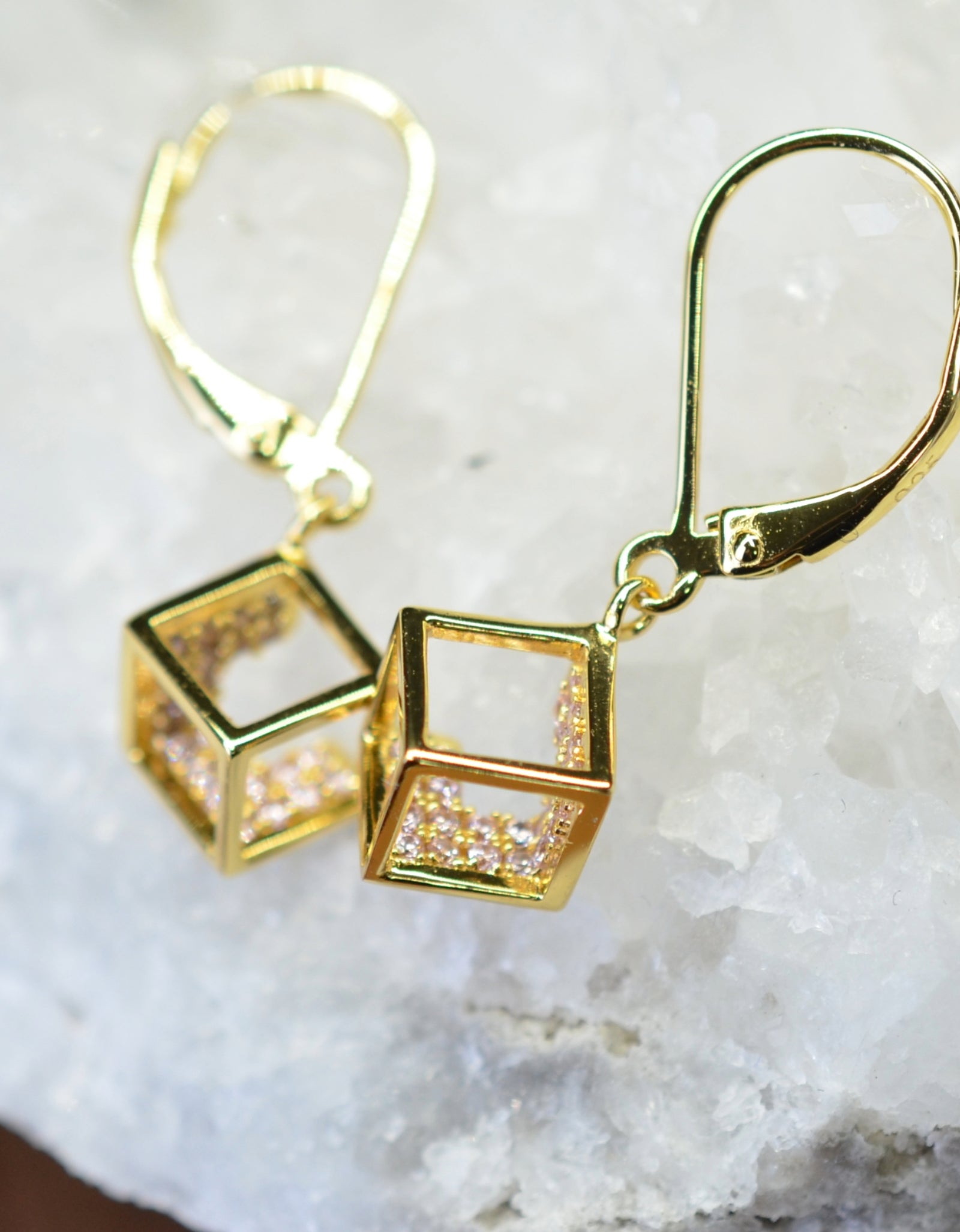 14K Yellow Gold Plated 925 Sterling Silver Open Cube Earrings with Pink Cubic Zirconia by Mc9vn | Gift for Her | Ship from US |