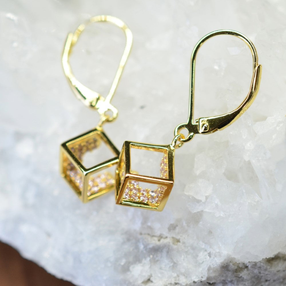 14K Yellow Gold Plated 925 Sterling Silver Open Cube Earrings with Pink Cubic Zirconia by Mc9vn | Gift for Her | Ship from US |