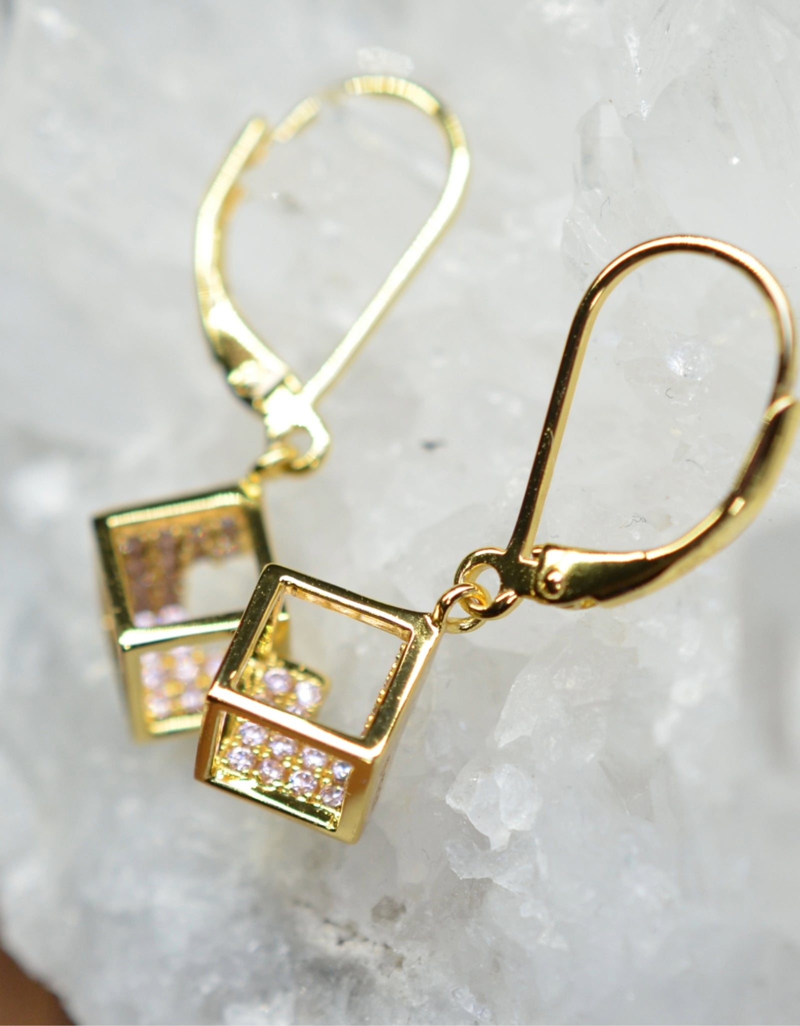 14K Yellow Gold Plated 925 Sterling Silver Open Cube Earrings with Pink Cubic Zirconia by Mc9vn | Gift for Her | Ship from US |