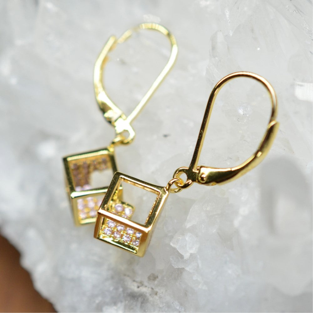 14K Yellow Gold Plated 925 Sterling Silver Open Cube Earrings with Pink Cubic Zirconia by Mc9vn | Gift for Her | Ship from US |