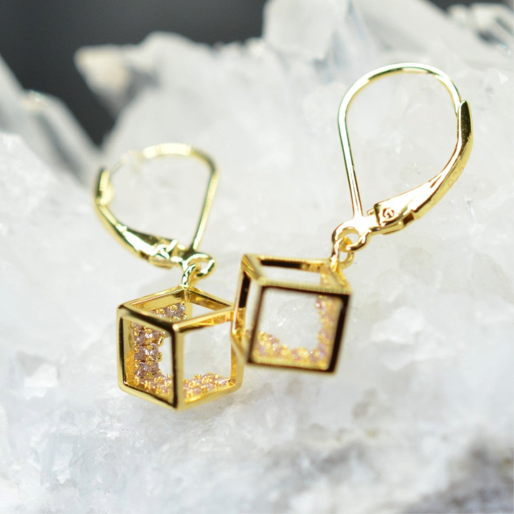 14K Yellow Gold Plated 925 Sterling Silver Open Cube Earrings with Pink Cubic Zirconia by Mc9vn | Gift for Her | Ship from US |