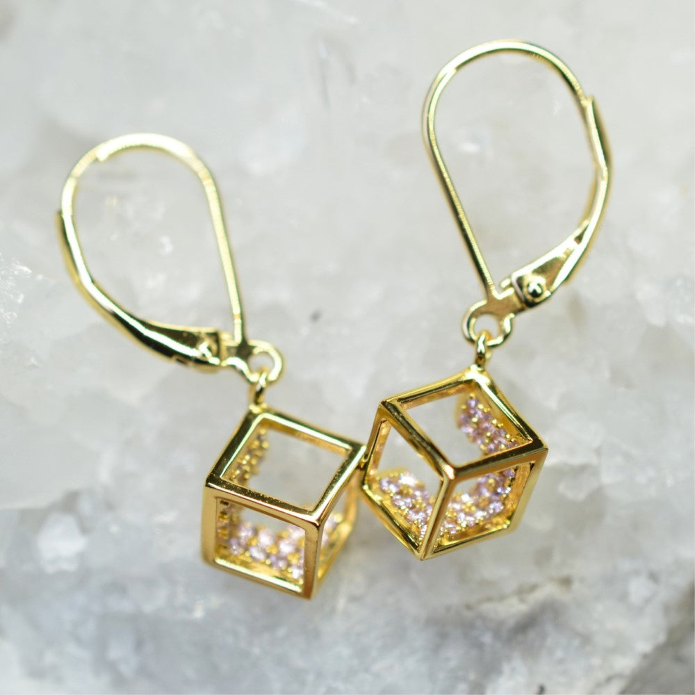 14K Yellow Gold Plated 925 Sterling Silver Open Cube Earrings with Pink Cubic Zirconia by Mc9vn | Gift for Her | Ship from US |