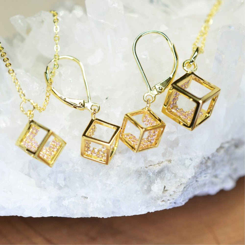 14K Yellow Gold Plated 925 Sterling Silver Open Cube Pendant Adjustable Chain Necklace w/ Pink Cubic Zirconia by Mc9vn | Gift for Her |