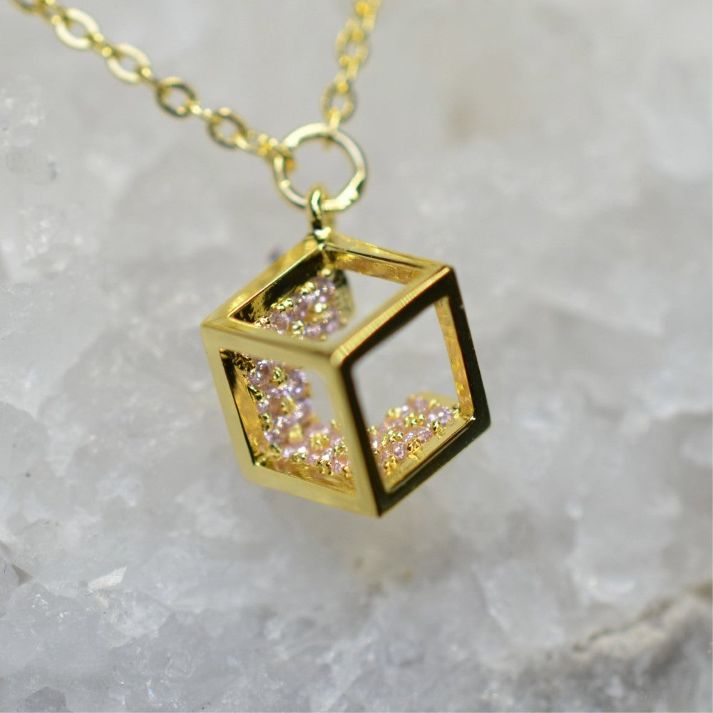 14K Yellow Gold Plated 925 Sterling Silver Open Cube Charm Adjustable Bracelet w/ Pink Cubic Zirconia by Mc9vn |Gift for Her | Ship from US|