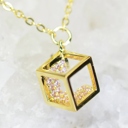 14K Yellow Gold Plated 925 Sterling Silver Open Cube Charm Adjustable Bracelet w/ Pink Cubic Zirconia by Mc9vn |Gift for Her | Ship from US|