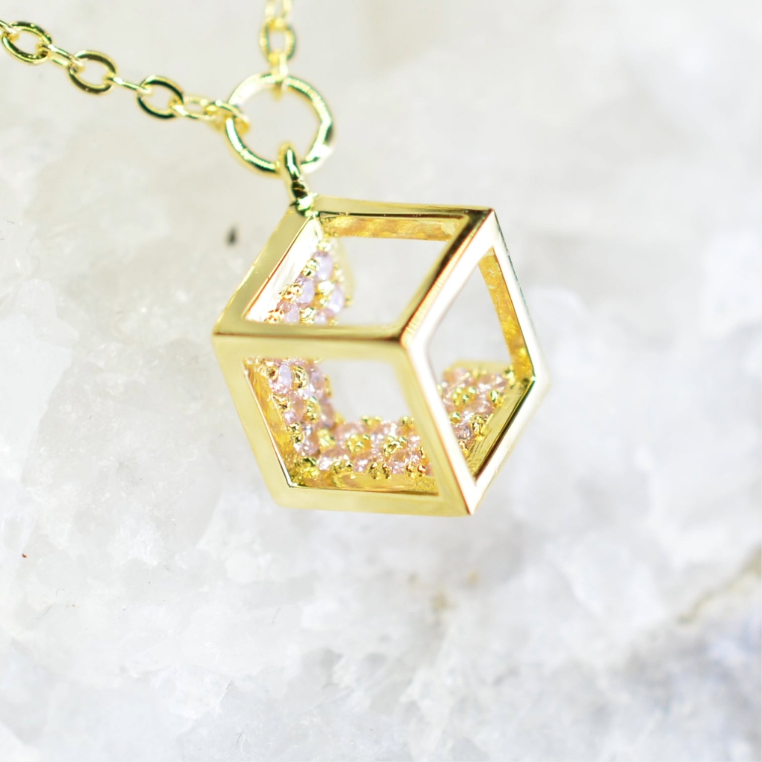 14K Yellow Gold Plated 925 Sterling Silver Open Cube Charm Adjustable Bracelet w/ Pink Cubic Zirconia by Mc9vn |Gift for Her | Ship from US|