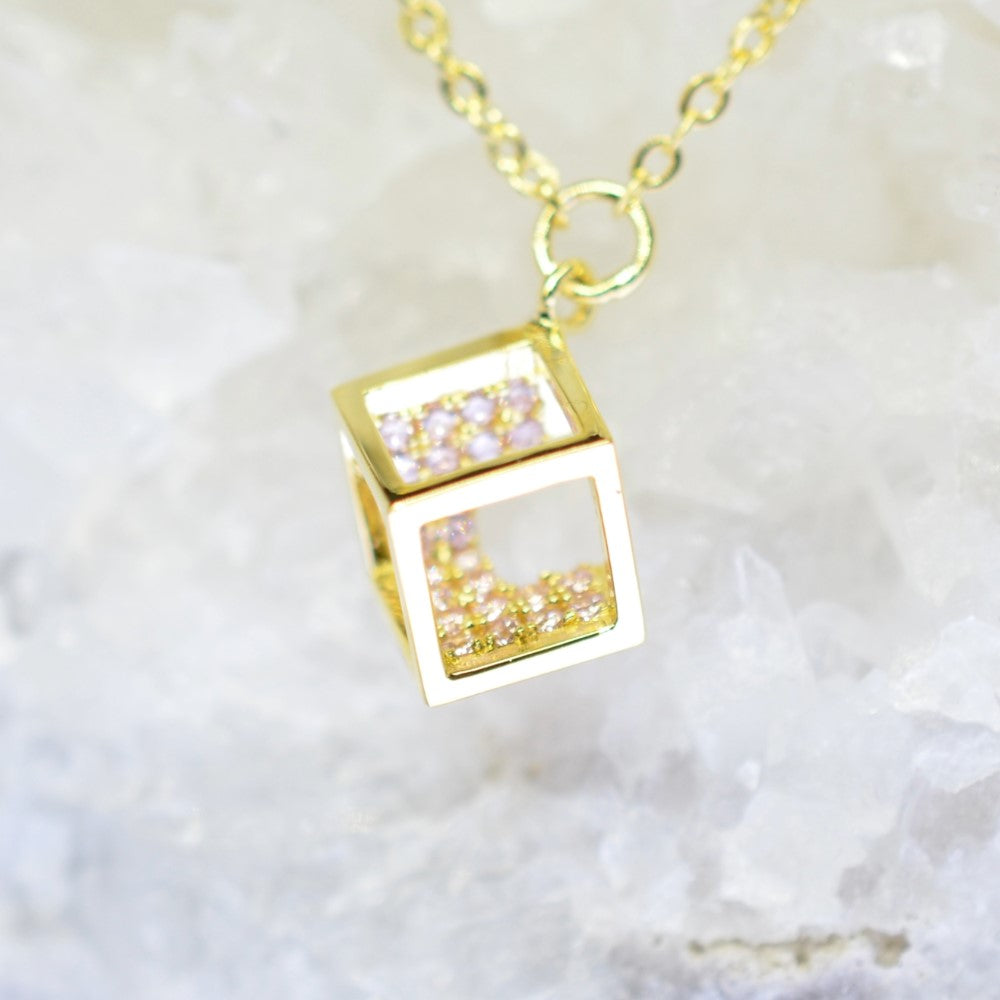 14K Yellow Gold Plated 925 Sterling Silver Open Cube Charm Adjustable Bracelet w/ Pink Cubic Zirconia by Mc9vn |Gift for Her | Ship from US|