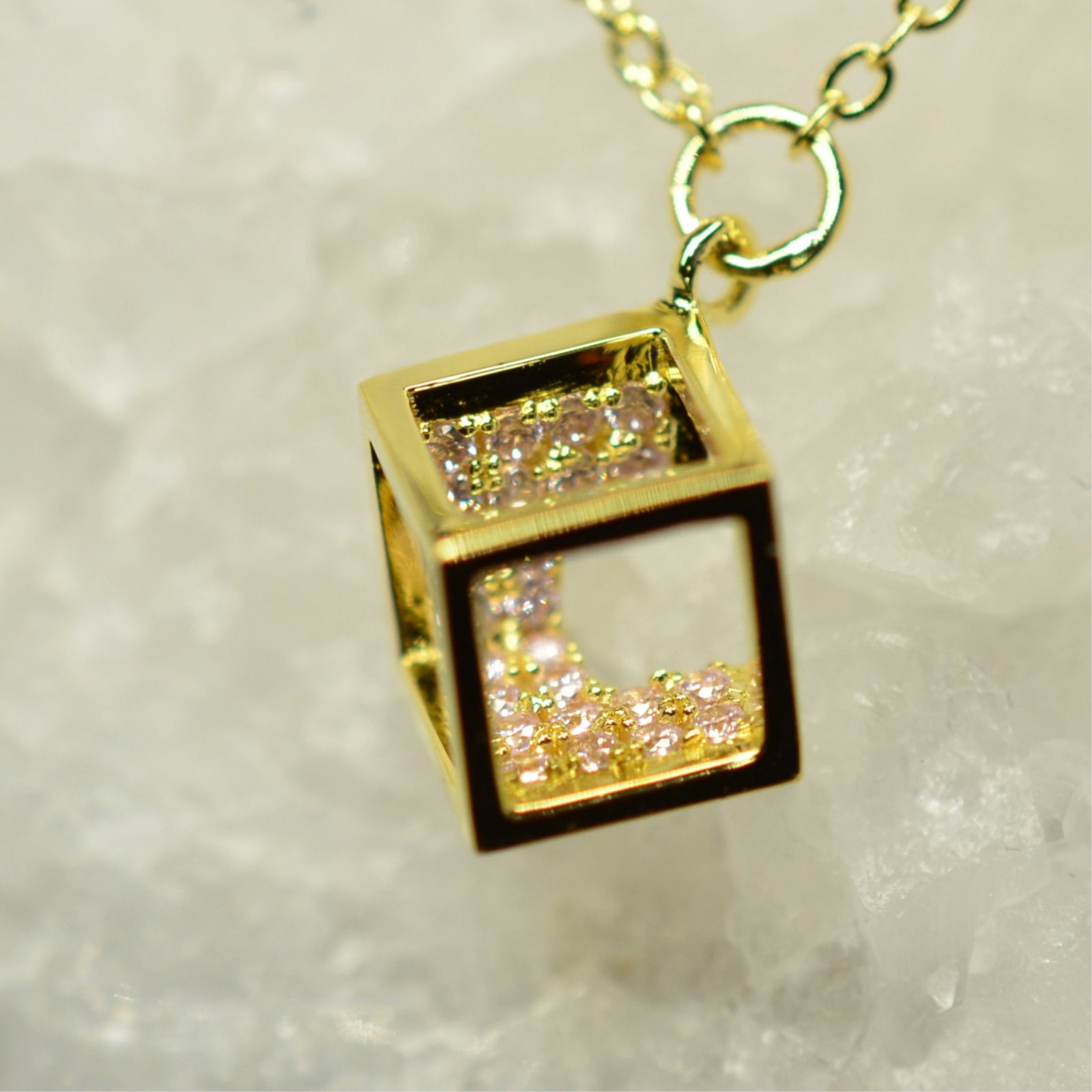 14K Yellow Gold Plated 925 Sterling Silver Open Cube Charm Adjustable Bracelet w/ Pink Cubic Zirconia by Mc9vn |Gift for Her | Ship from US|