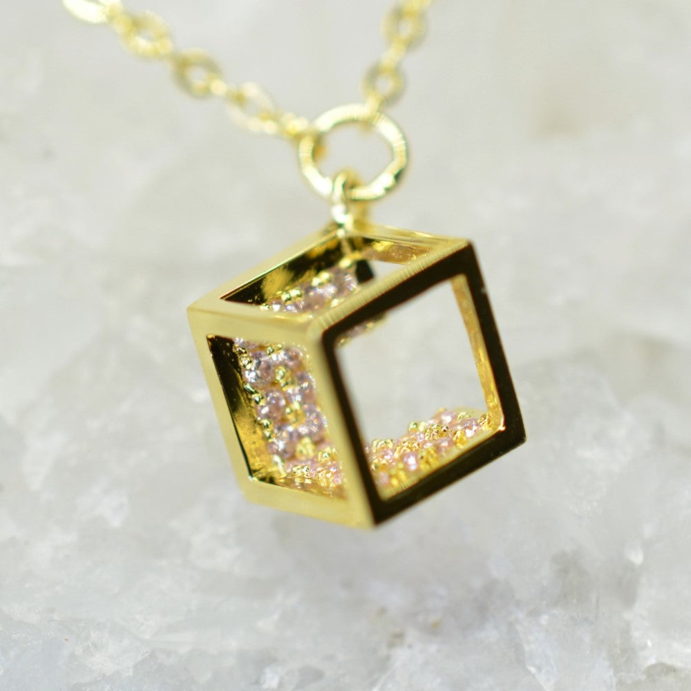 14K Yellow Gold Plated 925 Sterling Silver Open Cube Charm Adjustable Bracelet w/ Pink Cubic Zirconia by Mc9vn |Gift for Her | Ship from US|