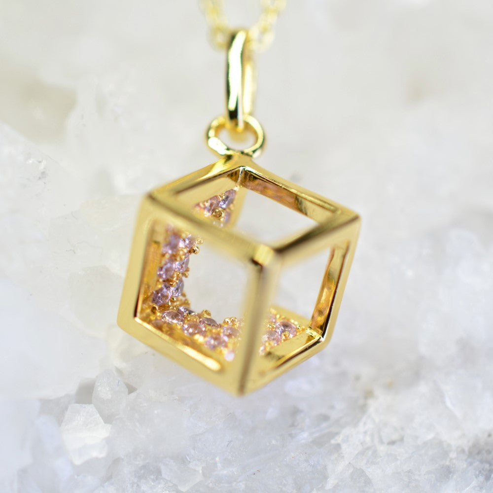 14K Yellow Gold Plated 925 Sterling Silver Open Cube Pendant Adjustable Chain Necklace w/ Pink Cubic Zirconia by Mc9vn | Gift for Her |