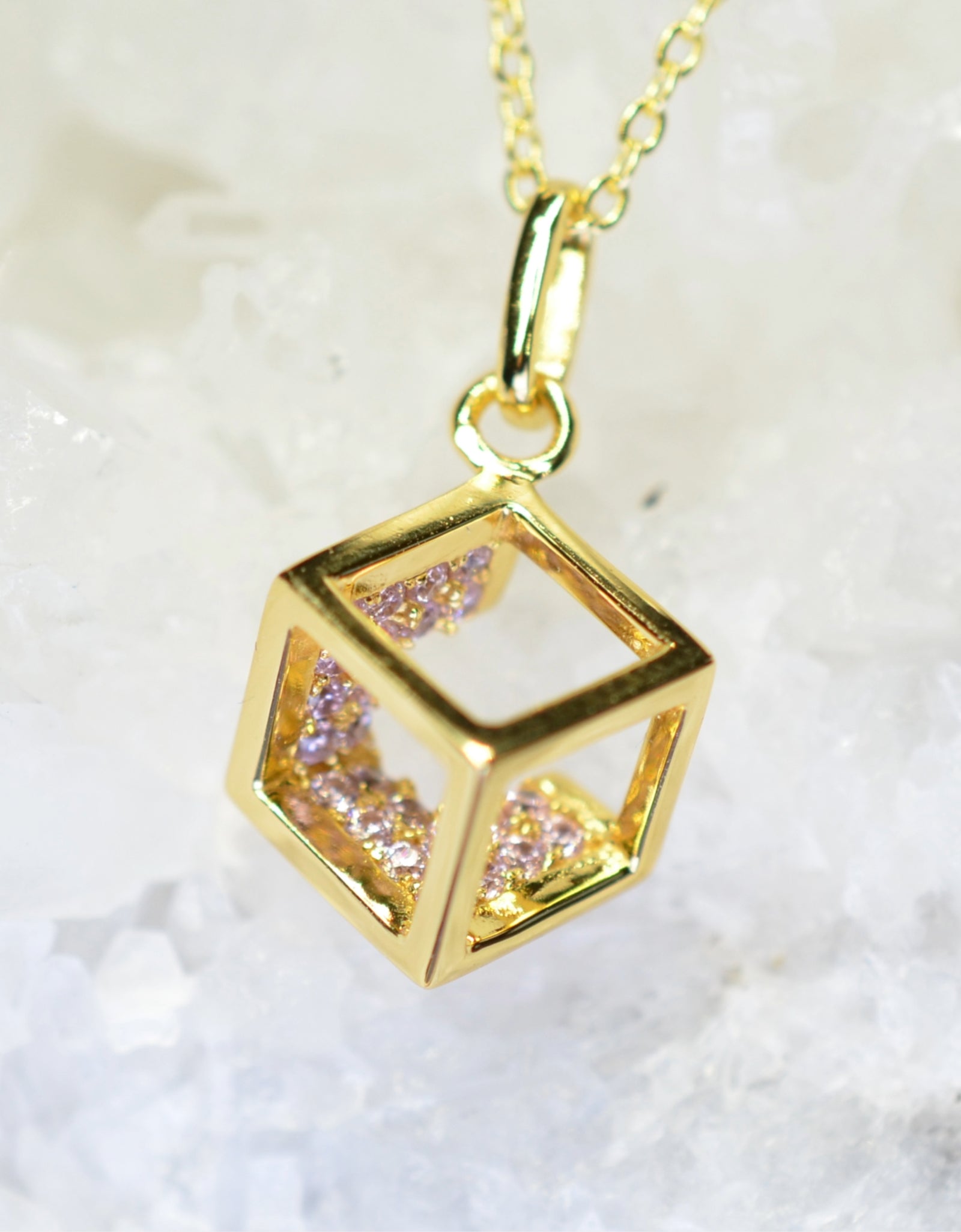 14K Yellow Gold Plated 925 Sterling Silver Open Cube Pendant Adjustable Chain Necklace w/ Pink Cubic Zirconia by Mc9vn | Gift for Her |