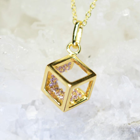 14K Yellow Gold Plated 925 Sterling Silver Open Cube Pendant Adjustable Chain Necklace w/ Pink Cubic Zirconia by Mc9vn | Gift for Her |