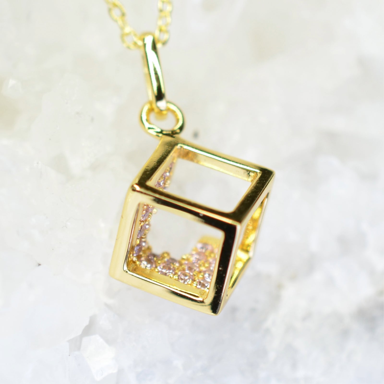 14K Yellow Gold Plated 925 Sterling Silver Open Cube Pendant Adjustable Chain Necklace w/ Pink Cubic Zirconia by Mc9vn | Gift for Her |