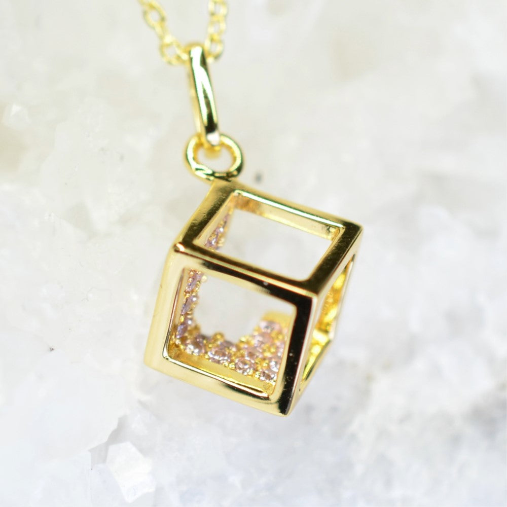 14K Yellow Gold Plated 925 Sterling Silver Open Cube Pendant Adjustable Chain Necklace w/ Pink Cubic Zirconia by Mc9vn | Gift for Her |