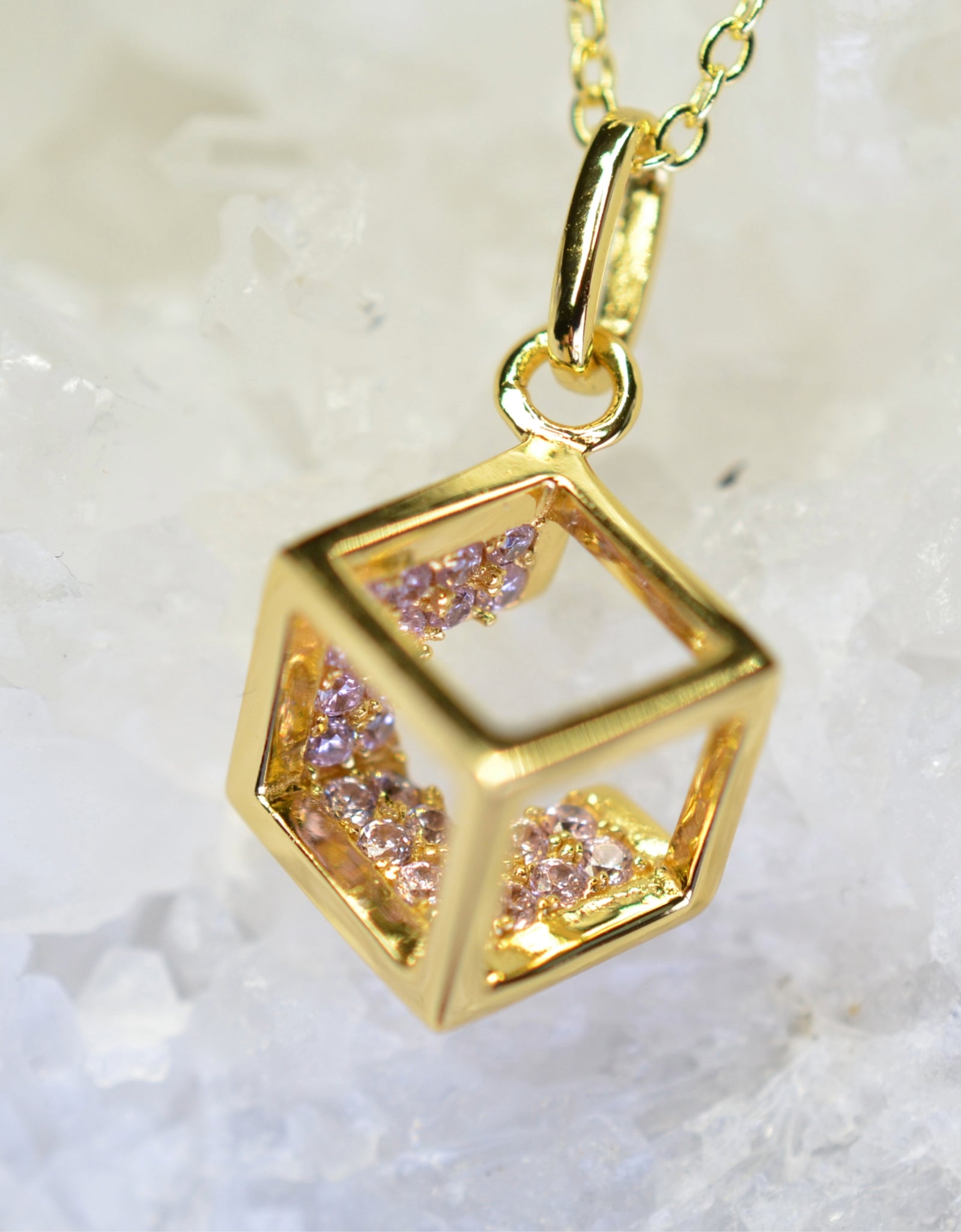 14K Yellow Gold Plated 925 Sterling Silver Open Cube Pendant Adjustable Chain Necklace w/ Pink Cubic Zirconia by Mc9vn | Gift for Her |