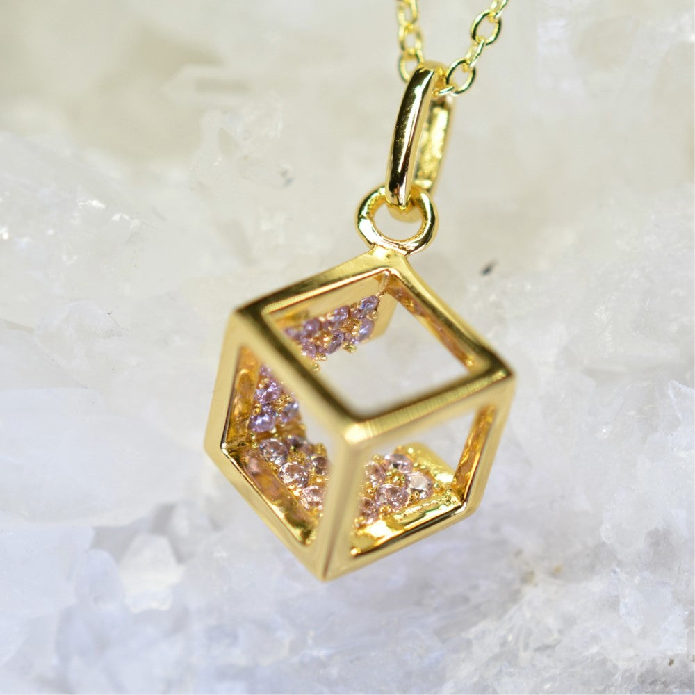 14K Yellow Gold Plated 925 Sterling Silver Open Cube Pendant Adjustable Chain Necklace w/ Pink Cubic Zirconia by Mc9vn | Gift for Her |