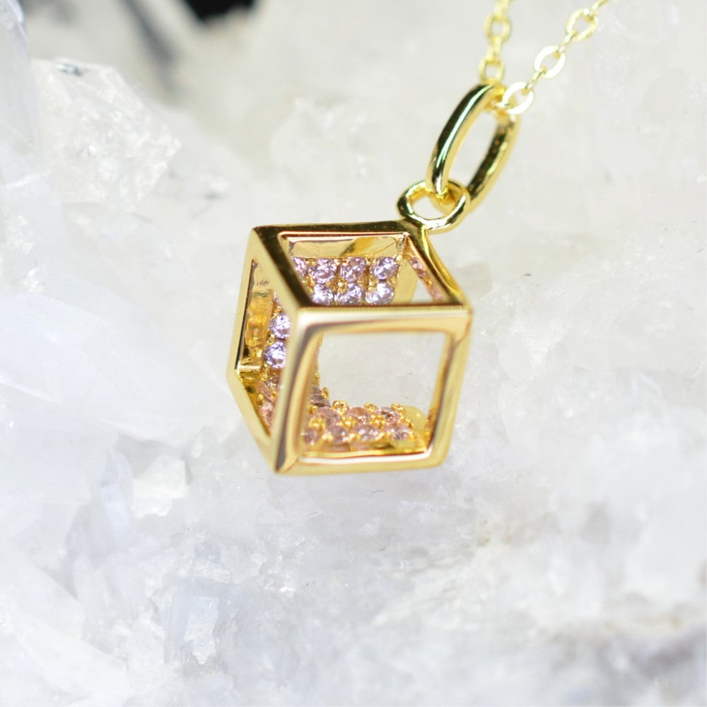 14K Yellow Gold Plated 925 Sterling Silver Open Cube Pendant Adjustable Chain Necklace w/ Pink Cubic Zirconia by Mc9vn | Gift for Her |