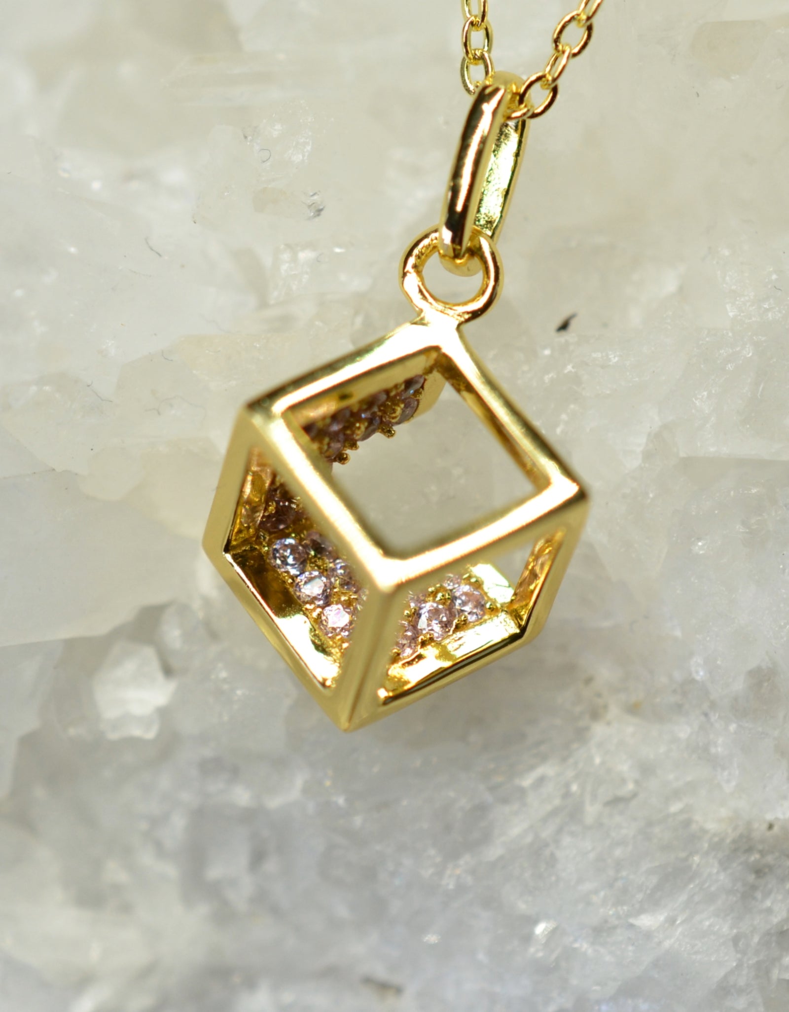 14K Yellow Gold Plated 925 Sterling Silver Open Cube Pendant Adjustable Chain Necklace w/ Pink Cubic Zirconia by Mc9vn | Gift for Her |