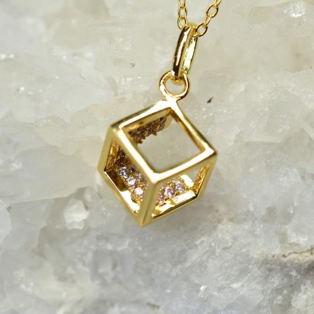 14K Yellow Gold Plated 925 Sterling Silver Open Cube Pendant Adjustable Chain Necklace w/ Pink Cubic Zirconia by Mc9vn | Gift for Her |