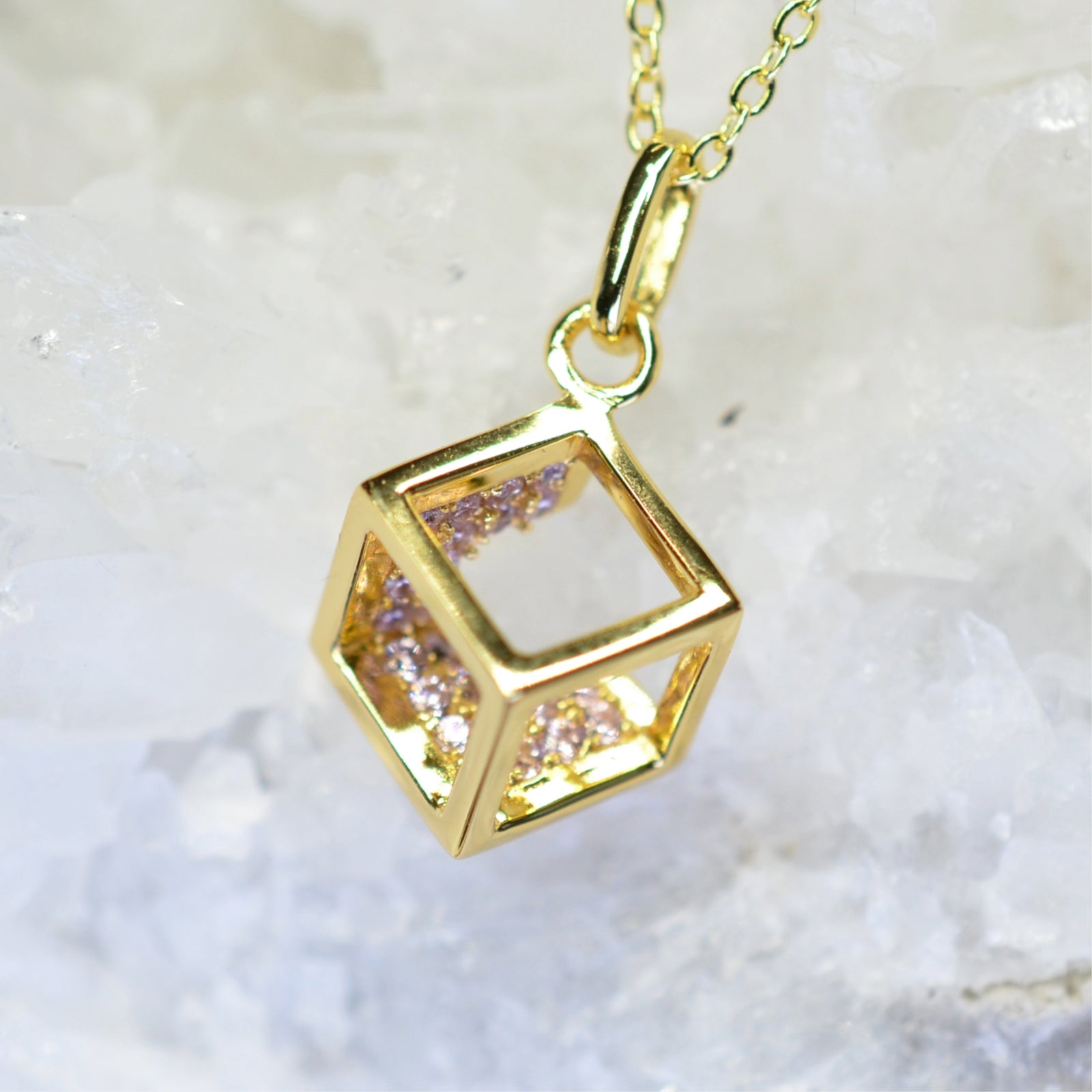 14K Yellow Gold Plated 925 Sterling Silver Open Cube Pendant Adjustable Chain Necklace w/ Pink Cubic Zirconia by Mc9vn | Gift for Her |