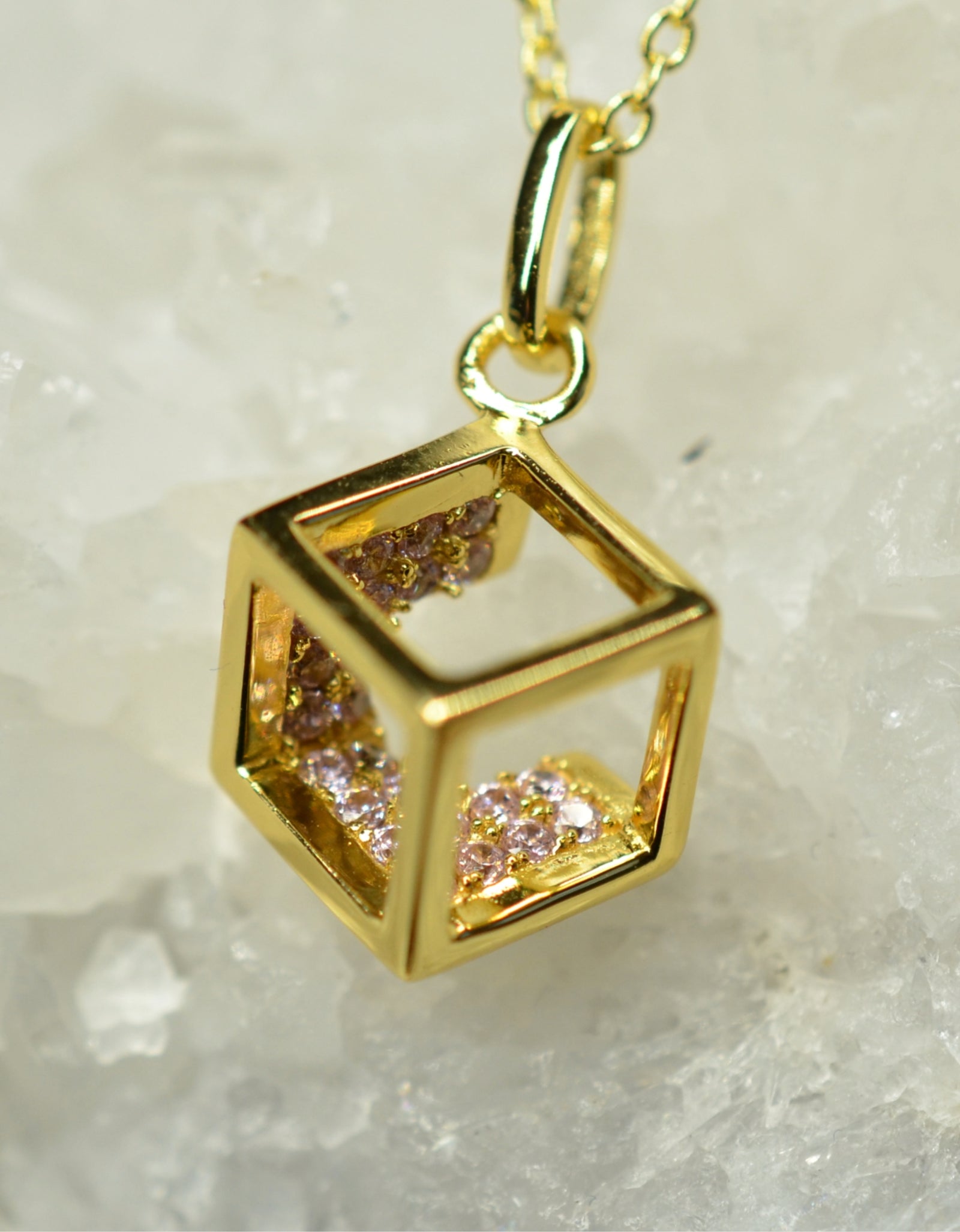 14K Yellow Gold Plated 925 Sterling Silver Open Cube Pendant Adjustable Chain Necklace w/ Pink Cubic Zirconia by Mc9vn | Gift for Her |