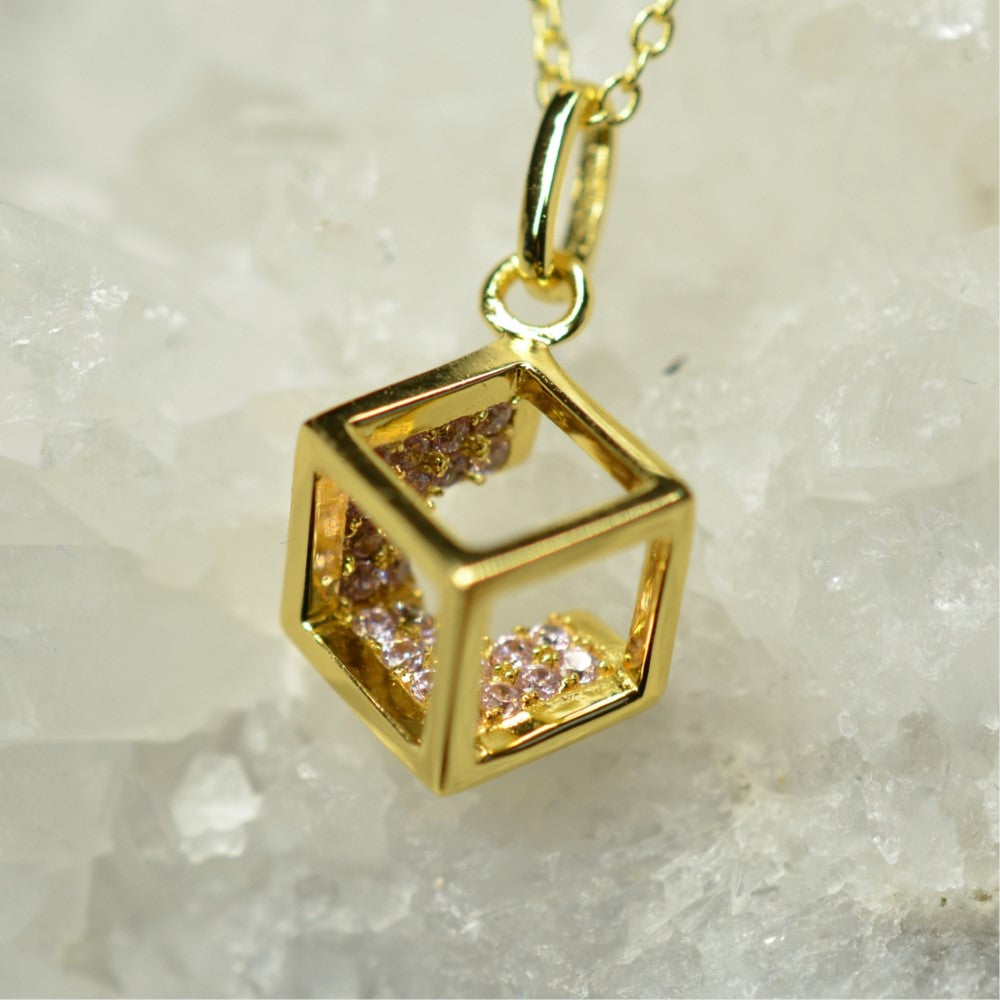 14K Yellow Gold Plated 925 Sterling Silver Open Cube Pendant Adjustable Chain Necklace w/ Pink Cubic Zirconia by Mc9vn | Gift for Her |