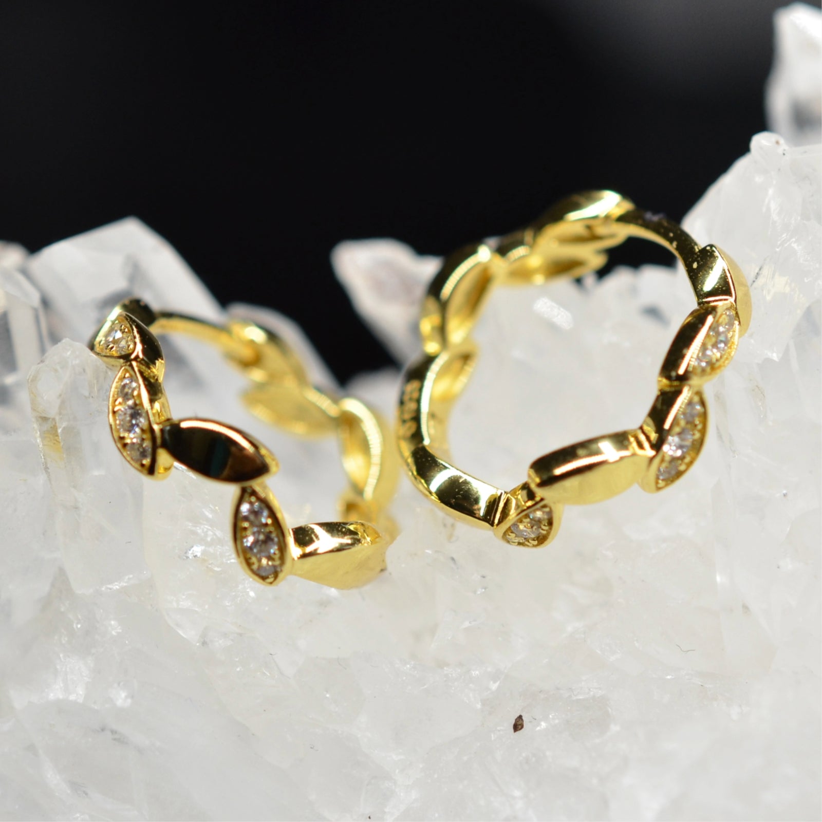 14K Gold Plated Leaf Motif 925 Sterling Silver Huggie Hoop Earrings with Cubic Zirconia by Mc9vn | Gift for Her | Ship from US |