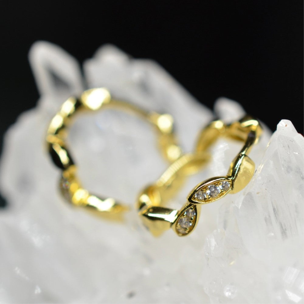 14K Gold Plated Leaf Motif 925 Sterling Silver Huggie Hoop Earrings with Cubic Zirconia by Mc9vn | Gift for Her | Ship from US |